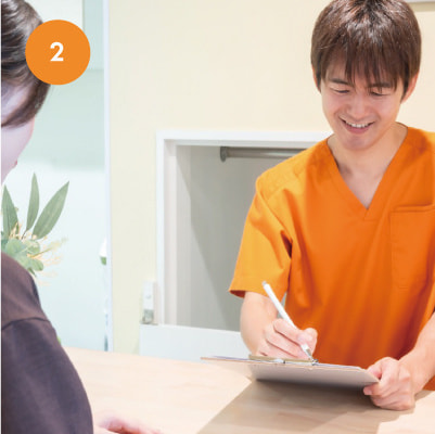 笑顔のスタッフがカルテを手に、患者の悩みを丁寧にヒアリングしている様子。